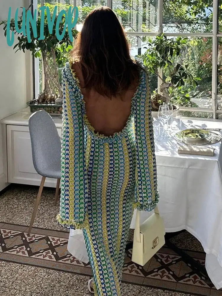 Lunivop Women Casual Contrast Backless Maxi Dress Elegant O Neck Straight Flare Long Sleeve