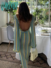 Lunivop Women Casual Contrast Backless Maxi Dress Elegant O Neck Straight Flare Long Sleeve