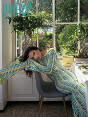 Lunivop Women Casual Contrast Backless Maxi Dress Elegant O Neck Straight Flare Long Sleeve