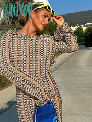 Lunivop Women Casual Contrast Backless Maxi Dress Elegant O Neck Straight Flare Long Sleeve