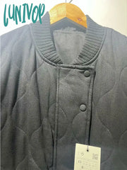 Lunivop Women Casual Fashion Solid Cotton Coat Chic Round Neck Long Sleeved Pockets Thicken Jacket