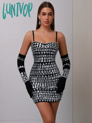 Lunivop Women Celebrity Christmas Sexy Beading Gloves Black Mini Bodycon Bandage Dress Knitted