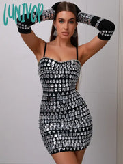 Lunivop Women Celebrity Christmas Sexy Beading Gloves Black Mini Bodycon Bandage Dress Knitted