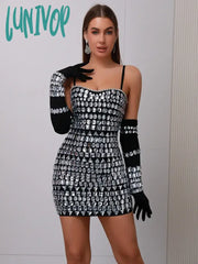 Lunivop Women Celebrity Christmas Sexy Beading Gloves Black Mini Bodycon Bandage Dress Knitted