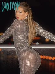 Lunivop Women Celebrity Luxury Sexy Long Sleeve Rhinestone Diamonds Black Maxi Gowns Dress 2024