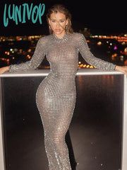 Lunivop Women Celebrity Luxury Sexy Long Sleeve Rhinestone Diamonds Black Maxi Gowns Dress 2024