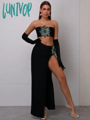 Lunivop Women Celebrity Luxury Sexy Rhinestone Sparkly Crop Top Black Maxi Long Bodycon Bandage