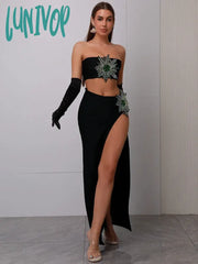 Lunivop Women Celebrity Luxury Sexy Rhinestone Sparkly Crop Top Black Maxi Long Bodycon Bandage
