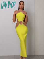 Lunivop Women Celebrity Sexy Backless Halter Beading Maxi Long Lemon Yellow Bandage Dress Elegant