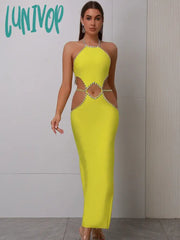 Lunivop Women Celebrity Sexy Backless Halter Beading Maxi Long Lemon Yellow Bandage Dress Elegant