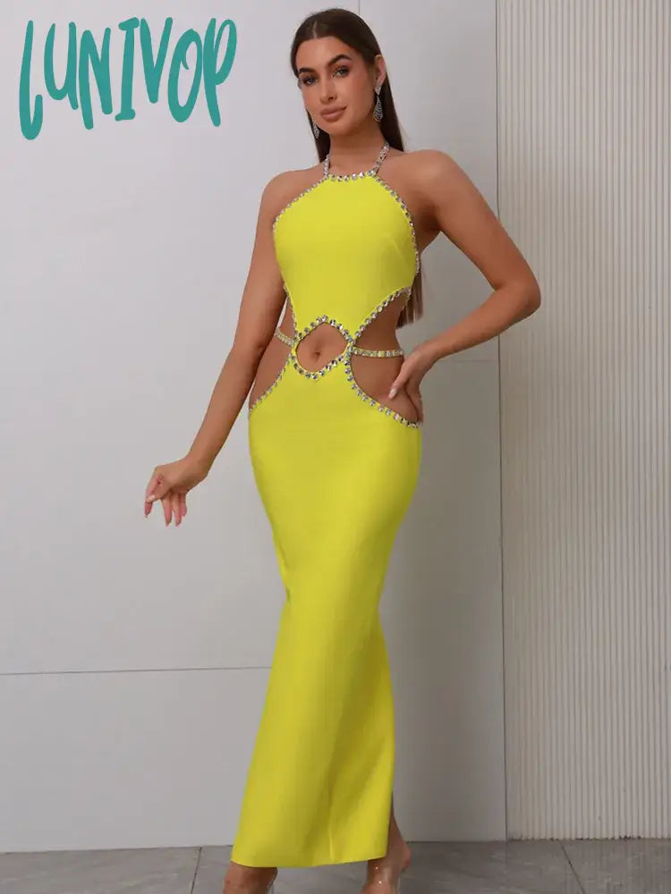 Lunivop Women Celebrity Sexy Backless Halter Beading Maxi Long Lemon Yellow Bandage Dress Elegant