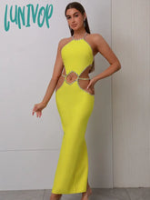 Lunivop Women Celebrity Sexy Backless Halter Beading Maxi Long Lemon Yellow Bandage Dress Elegant