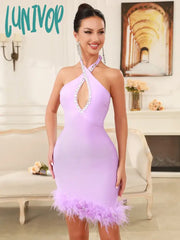 Lunivop Women Celebrity Sexy Backless Halter Purple Black White Feather Mini Bandage Dress 2024