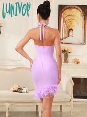 Lunivop Women Celebrity Sexy Backless Halter Purple Black White Feather Mini Bandage Dress 2024
