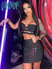 Lunivop Women Celebrity Sexy Cut Out Buckles Black White Mini Bodycon Bandage Skirt Set Elegant