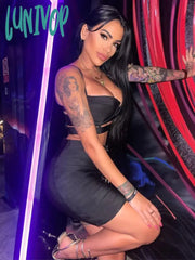 Lunivop Women Celebrity Sexy Cut Out Buckles Black White Mini Bodycon Bandage Skirt Set Elegant