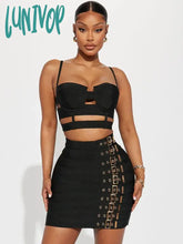 Lunivop Women Celebrity Sexy Cut Out Buckles Black White Mini Bodycon Bandage Skirt Set Elegant