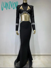 Lunivop Women Celebrity Sexy Long Sleeve Black Beading Sparkly Maxi Skirt Bandage Set Elegant