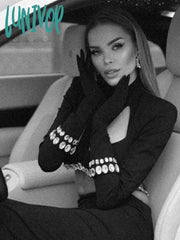 Lunivop Women Celebrity Sexy Long Sleeve Black Beading Sparkly Maxi Skirt Bandage Set Elegant