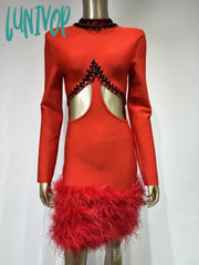 Lunivop Women Celebrity Sexy Long Sleeve Feather Beading Cut Out Red Mini Bodycon Bandage Dress