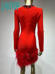 Lunivop Women Celebrity Sexy Long Sleeve Feather Beading Cut Out Red Mini Bodycon Bandage Dress