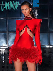 Lunivop Women Celebrity Sexy Long Sleeve Feather Beading Cut Out Red Mini Bodycon Bandage Dress