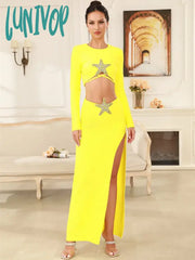 Lunivop Women Celebrity Sexy Long Sleeve Starfish Yellow Maxi Bodycon Bandage Skirt Set Elegant