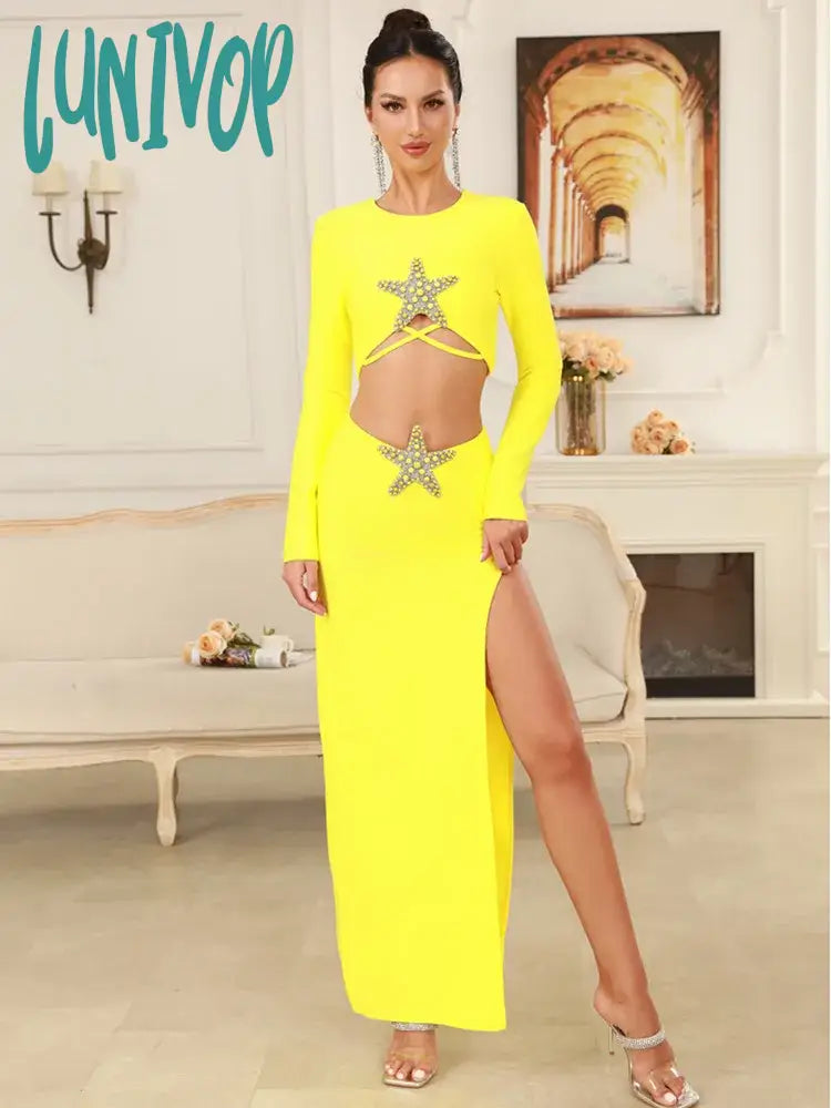 Lunivop Women Celebrity Sexy Long Sleeve Starfish Yellow Maxi Bodycon Bandage Skirt Set Elegant