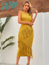 Lunivop Women Celebrity Sexy O Neck Tassel Ginger Yellow Midi Bodycon Bandage Dress Elegant Evening