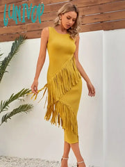 Lunivop Women Celebrity Sexy O Neck Tassel Ginger Yellow Midi Bodycon Bandage Dress Elegant Evening