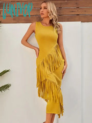 Lunivop Women Celebrity Sexy O Neck Tassel Ginger Yellow Midi Bodycon Bandage Dress Elegant Evening