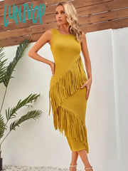 Lunivop Women Celebrity Sexy O Neck Tassel Ginger Yellow Midi Bodycon Bandage Dress Elegant Evening