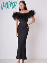 Lunivop Women Celebrity Sexy Off Shoulder Feather Black Maxi Long Bodycon Bandage Skirt Set Elegant