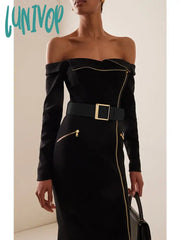 Lunivop Women Celebrity Sexy Off Shoulder Zipper Long Sleeve Black Belt Midi Bodycon Bandage Dress