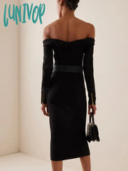 Lunivop Women Celebrity Sexy Off Shoulder Zipper Long Sleeve Black Belt Midi Bodycon Bandage Dress