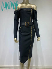 Lunivop Women Celebrity Sexy Off Shoulder Zipper Long Sleeve Black Belt Midi Bodycon Bandage Dress