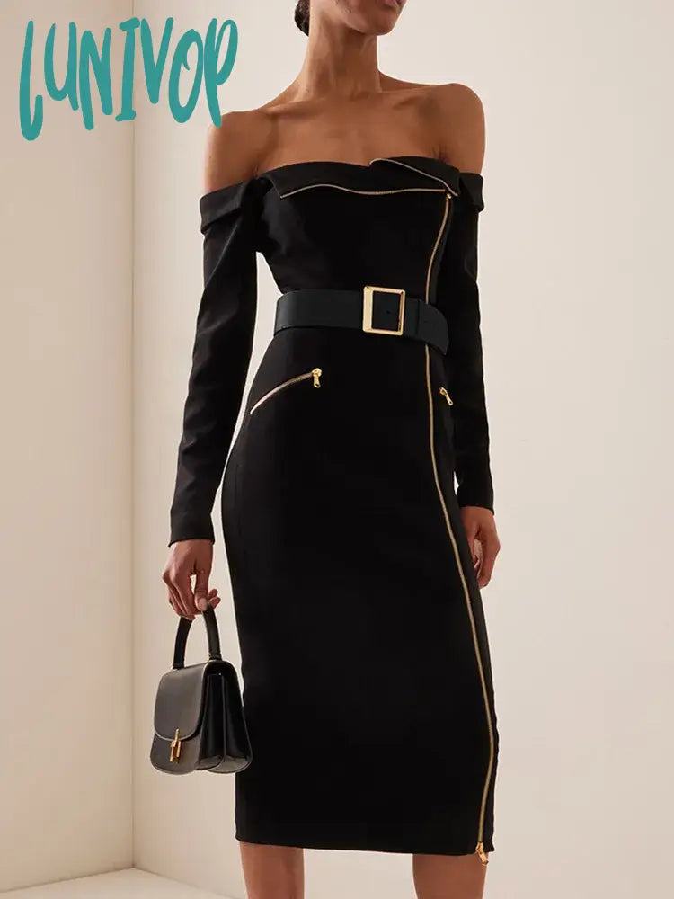 Lunivop Women Celebrity Sexy Off Shoulder Zipper Long Sleeve Black Belt Midi Bodycon Bandage Dress