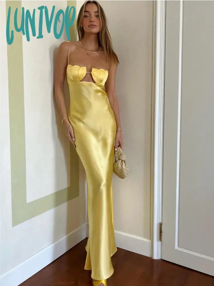 Lunivop Women Celebrity Sexy Sleeveless Backless Yellow Black Shell Long Maxi Bandage Dress Elegant