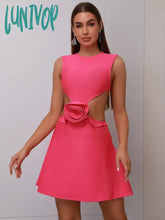 Lunivop Women Celebrity Sexy Sleeveless O Neck Flower Hot Pink Mini Bandage Dress Elegant Christmas