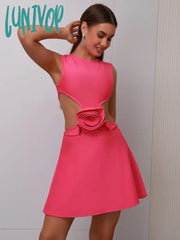 Lunivop Women Celebrity Sexy Sleeveless O Neck Flower Hot Pink Mini Bandage Dress Elegant Christmas
