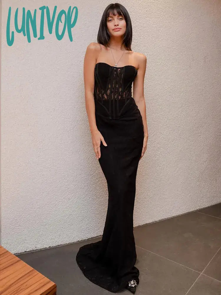 Lunivop Women Celebrity Sexy Strapless Backless Lace Black Maxi Long Skirt Bandage Set 2024 Elegant