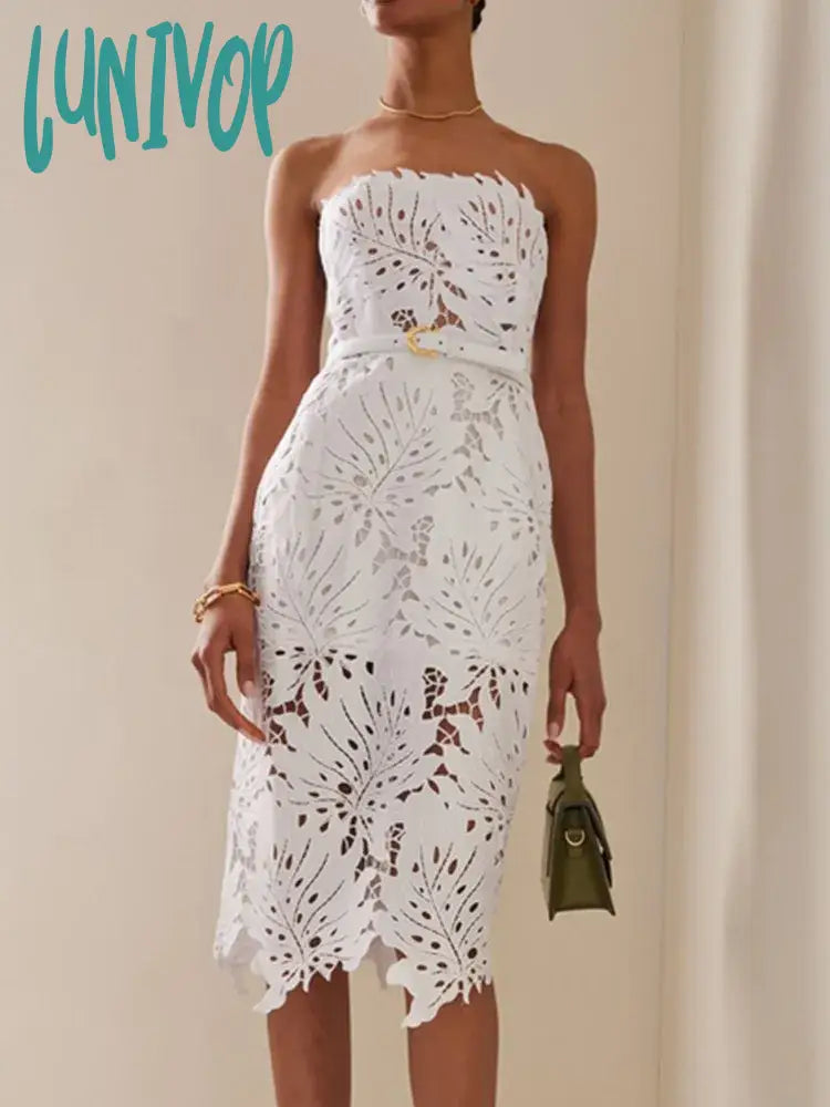 Lunivop Women Celebrity Sexy Strapless Backless Lace White Midi Bodycon Bandage Dress Elegant