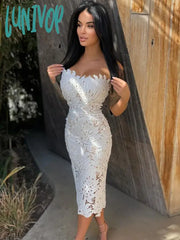 Lunivop Women Celebrity Sexy Strapless Backless Lace White Midi Bodycon Bandage Dress Elegant