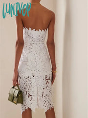 Lunivop Women Celebrity Sexy Strapless Backless Lace White Midi Bodycon Bandage Dress Elegant