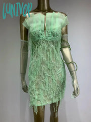 Lunivop Women Celebrity Sexy Strapless Backless Mesh Beading Mini Green Gowns Dress 2024 Elegant
