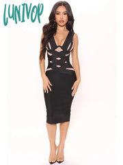 Lunivop Women Celebrity Sexy V Neck Mesh Black Bodycon Midi Bandage Dress Elegant Evening Club Party