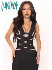 Lunivop Women Celebrity Sexy V Neck Mesh Black Bodycon Midi Bandage Dress Elegant Evening Club Party