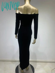 Lunivop Women Celebrity Winter Sexy Long Sleeve Off Shoulder Lace Black Velvet Bodycon Gowns Dress