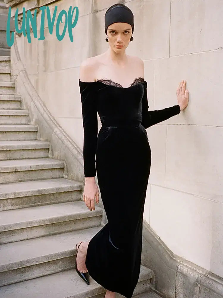 Lunivop Women Celebrity Winter Sexy Long Sleeve Off Shoulder Lace Black Velvet Bodycon Gowns Dress