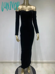 Lunivop Women Celebrity Winter Sexy Long Sleeve Off Shoulder Lace Black Velvet Bodycon Gowns Dress